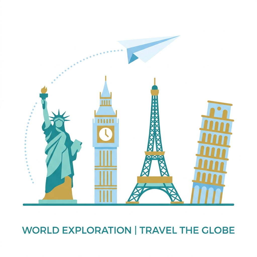 Landmarks and paper airplane vector illustration